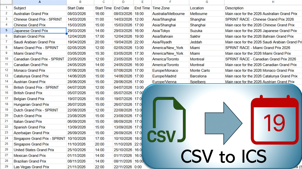 Convert your events in a CSV file into a calendar ICS file